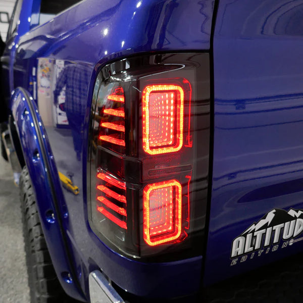 OLM Dodge Ram Tail Lights For 2009 - 2018 Smoked/Smoked DRL Infinite Series