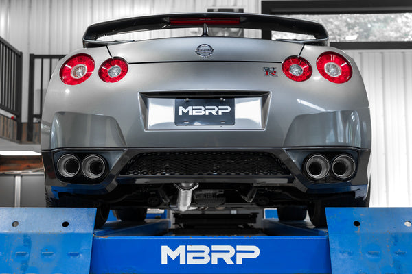 MBRP 2009-2023 Nissan GTR 3.8L Stainless Steel 3.5in Cat-Back, Dual Split Rear Quad Carbon Tips