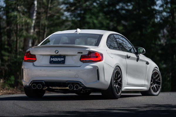 MBRP 2019 - 2021 BMW M2 Competition 3.0L T304 SS 3in Resonator-Back Exhaust Quad Rear w/ Carbon Fiber Tips