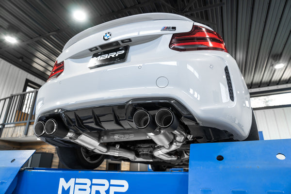 MBRP 2019 - 2021 BMW M2 Competition 3.0L T304 SS 3in Resonator-Back Exhaust Quad Rear w/ Carbon Fiber Tips