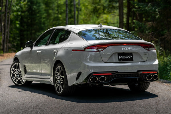 MBRP 2022 + Kia Stinger 3.3L T304 SS Cat-Back Exhaust- Dual Split Rear Quad Outlet Uses Factory Bezels