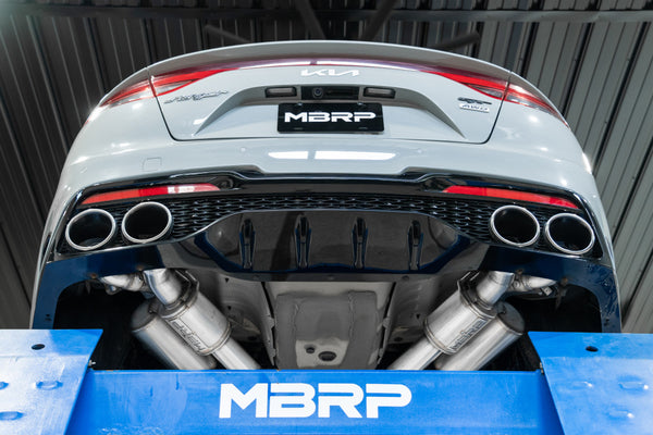 MBRP 2022 + Kia Stinger 3.3L T304 SS Cat-Back Exhaust- Dual Split Rear Quad Outlet Uses Factory Bezels