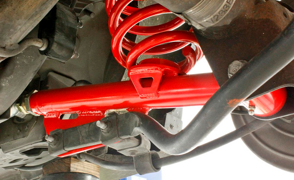 BMR 79-98 Fox Mustang On-Car Adj. Lower Control Arms / Rod End Combo (Polyurethane) - Red