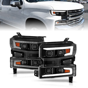 ANZO 2019 - 2021 Chevrolet Silverado 1500 LED Projector Headlight  w/Lgt Bar SwBk Seq. Blk w/In. Light