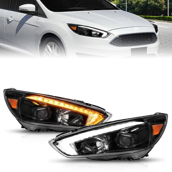 ANZO 2015 - 2018 Ford Focus Projector Headlights - w/ Light Bar Switchback Black Housing