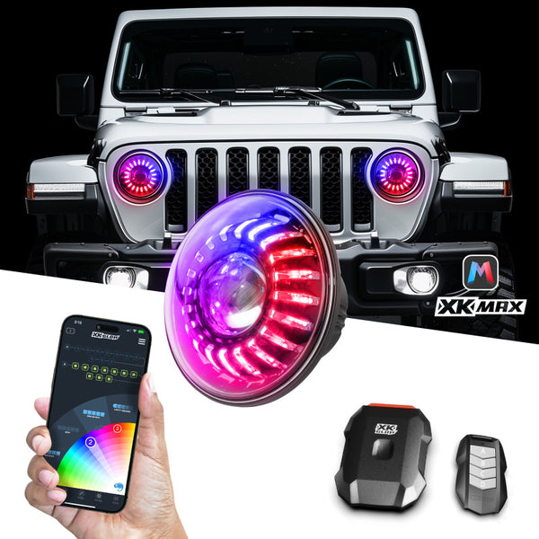 XK Glow 2019+ Jeep Wrangler JL/JT 7in Headlight XKmax RGBW Kit w/ Mounted Bracket App Control 2pc