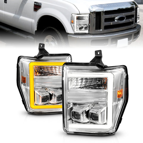 ANZO 2008 - 2010 Ford F-250 - F-550 Super Duty Projector Headlights w/ Light Bar Switchback Chrome Housing