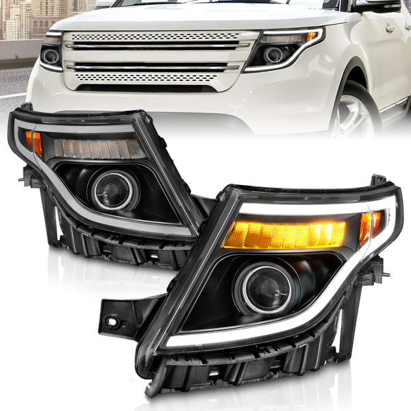 ANZO 2011 - 2015 Ford Explorer (w/Factory Halogen HL Only) Projector Headlights w/Light Bar Black Housing