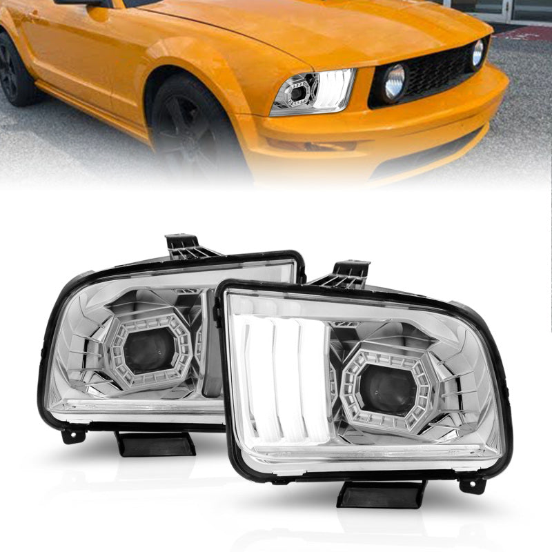 ANZO 2005 - 2009  Ford Mustang (w/Factory Halogen HL Only) Projector Headlights w/Light Bar Chrome Housing