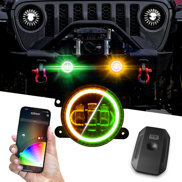 XK Glow 4In Wrangler JL Black RGB LED Fog Light XKchrome Bluetooth App Controlled Kit