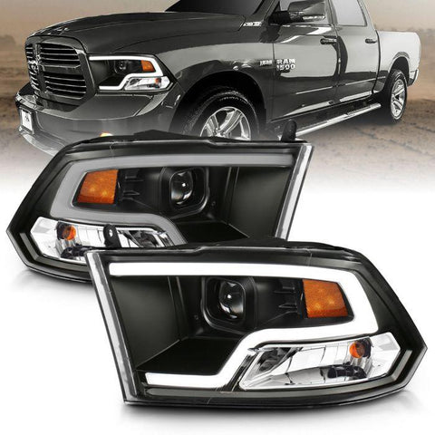 ANZO 2009 - 2018 Dodge Ram 1500 / 2010 - 2018 2500/3500 Plank Style Projector Headlights Black w/ Halo (For Non projector models) - GUMOTORSPORT