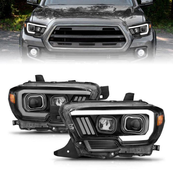 ANZO 2016 - 2022 Toyota Tacoma Projector Headlights w/ Plank Style Black w/ Amber - GUMOTORSPORT