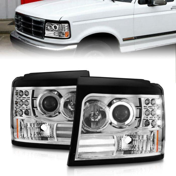 ANZO 1992-1996 Ford F-150 / Bronco / 1992 - 1998 F-250 F-350 Projector Headlights w/ Halo Chrome w/ Side Markers and Parking Lights - GUMOTORSPORT