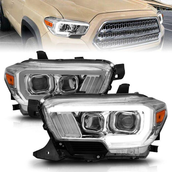 ANZO 2016 - 2022 Toyota Tacoma Projector Headlights w/ Plank Style Design Chrome w/ Amber - GUMOTORSPORT