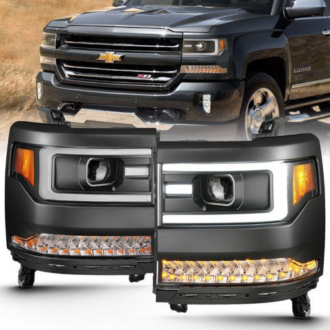 ANZO 2016 - 2018 Chevy Silverado 1500 Projector Headlights Plank Style Black w/Amber/Sequential Turn Signal - GUMOTORSPORT