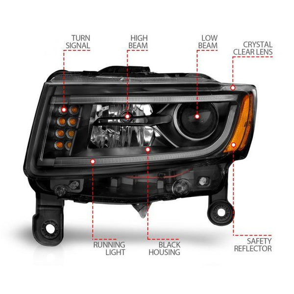 ANZO 2014 - 2015 Jeep Grand Cherokee Projector Headlights w/ Plank Style Design Black ( Halogen only ) - GUMOTORSPORT