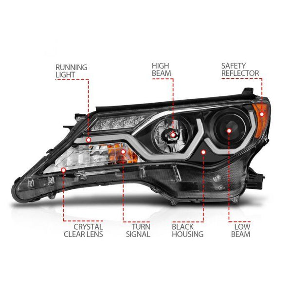 ANZO 2013-2015 Toyota Rav4 Projector Headlights w/ Plank Style Design Black ( Halogen only ) - GUMOTORSPORT