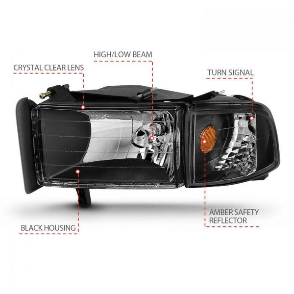 ANZO 1994 - 2001 Dodge Ram 1500 / 1994 - 2002 Ram 2500/3500 / 1994 -1998 Ram Sport Crystal Headlights Black - GUMOTORSPORT