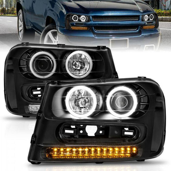 ANZO 2002 - 2009 Chevrolet Trailblazer Projector Headlights w/ Halo Black - GUMOTORSPORT