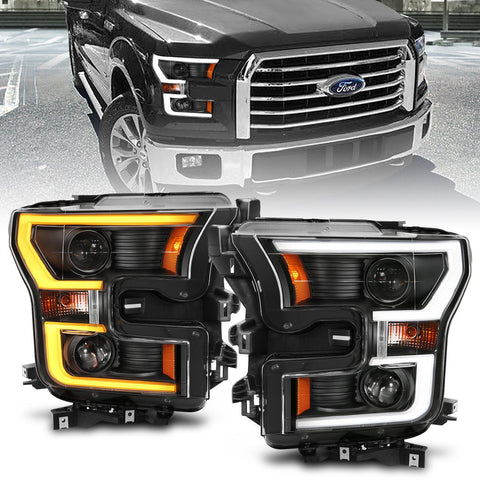 ANZO 2015 - 2017 Ford F-150 Projector Headlights w/ Plank Style Switchback Black w/ Amber - GUMOTORSPORT
