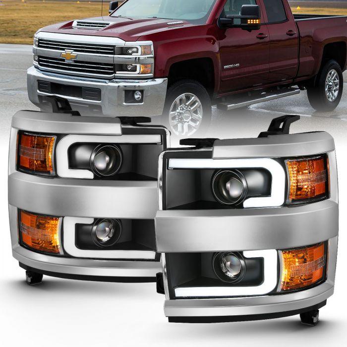 ANZO 2015 - 2019 Chevrolet Silverado 2500/3500 Projector Headlights w/ Plank Style Design Black w/ Amber - GUMOTORSPORT