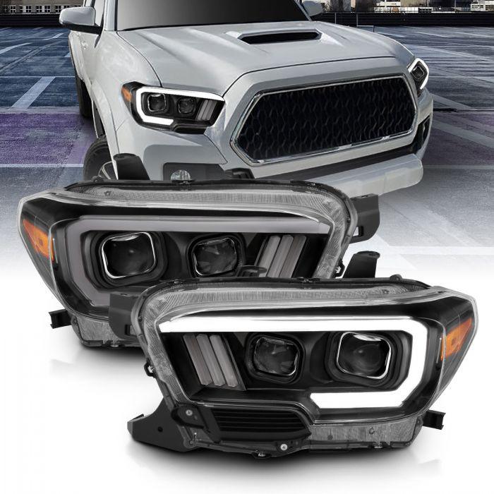 ANZO 2016 - 2022 Toyota Tacoma Projector Headlights w/ Plank Style Design Black/Amber w/ DRL - GUMOTORSPORT