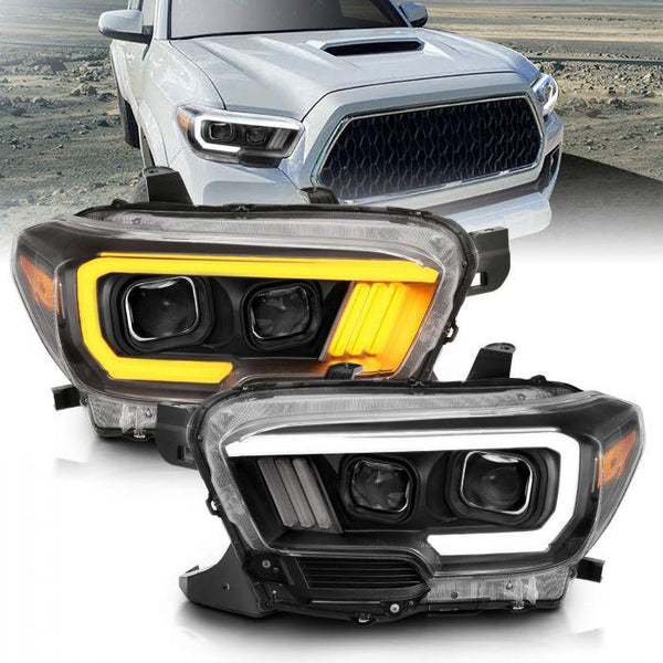 ANZO 2016 - 2022 Toyota Tacoma Projector Headlights w/ Plank Style Switchback Black w/ Amber - GUMOTORSPORT