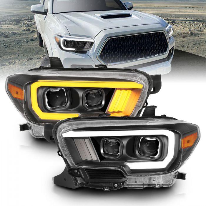 ANZO 2016 - 2022 Toyota Tacoma Projector Headlights w/ Plank Style Switchback Black w/ Amber w/ DRL - GUMOTORSPORT