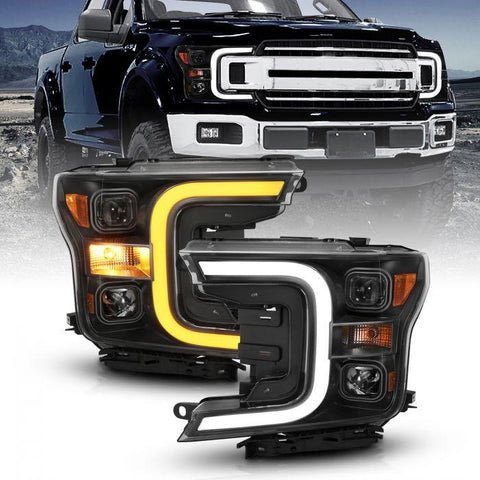 ANZO 2018 - 2020 Ford F-150 Projector Headlights w/Plank Style Switchback Black w/Amber - GUMOTORSPORT