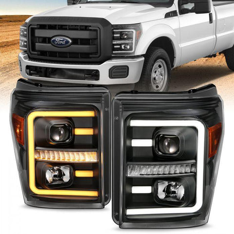 ANZO 2011 - 2016 Ford F250 Projector Headlights w/ Plank Style Switchback Black w/ Amber - GUMOTORSPORT