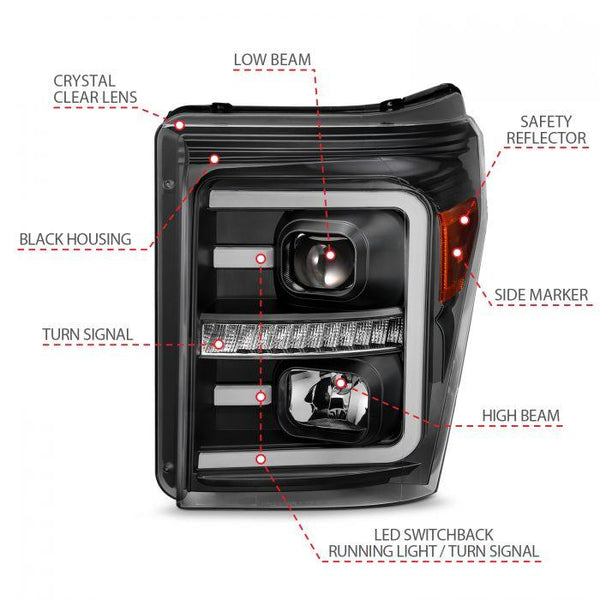 ANZO 2011 - 2016 Ford F250 Projector Headlights w/ Plank Style Switchback Black w/ Amber - GUMOTORSPORT