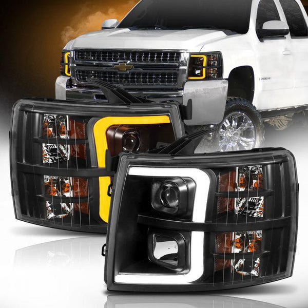 ANZO 07-13 Chevrolet Silverado 1500 Plank Style Projector Headlights Black w/ Amber - GUMOTORSPORT