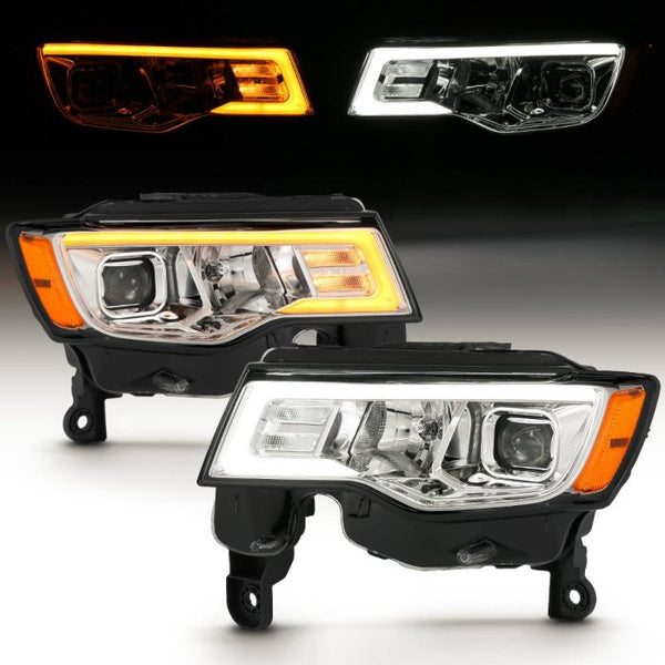 ANZO 2017 - 2022 Jeep Grand Cherokee Projector Headlights w/ Plank Style Switchback - Chrome w/ Amber