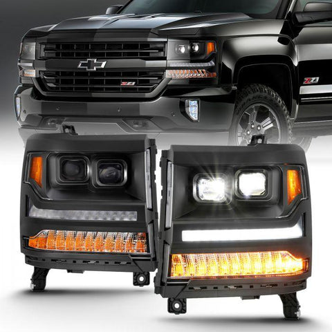 ANZO 2016 - 2018 Chevrolet Silverado 1500 LED Projector Headlights w/Plank Style Switchback Black w/ Amber ( HID only ) - GUMOTORSPORT