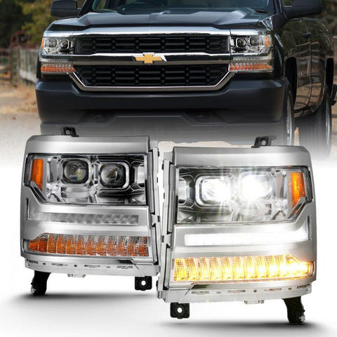 ANZO 2016 - 2018 Chevrolet Silverado 1500 LED Projector Headlights w/Plank Style Switchback Chrome w/Amber - GUMOTORSPORT