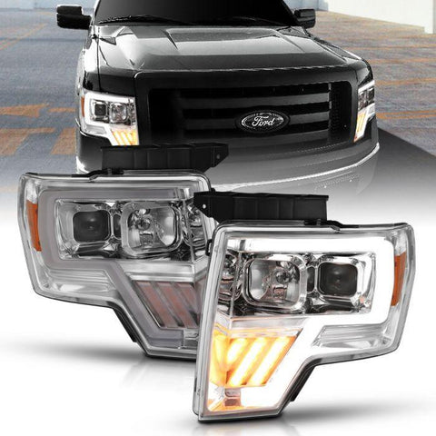 ANZO 2009-2014 Ford F-150 Projector Headlight Chrome Amber - GUMOTORSPORT