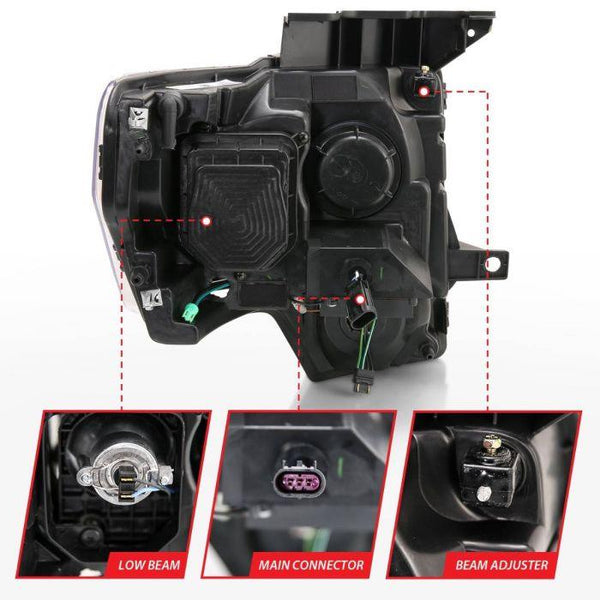 ANZO 2009-2014 Ford F-150 Projector Headlight Chrome Amber - GUMOTORSPORT