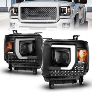 ANZO 2014-2015 Gmc Sierra 1500HD / 2015 - 2019 2500HD/3500HD  Projector Plank Style Headlight Black W/ Drl - GUMOTORSPORT