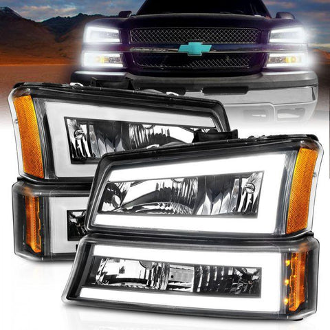 ANZO 2003-2006 Chevrolet Silverado 1500 / 2003 - 2006 Avalanche Crystal Headlights w/ Light Bar Black Housing - GUMOTORSPORT