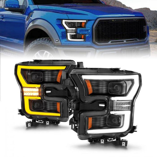 ANZO 2015 - 2017 Ford F-150 LED Projector Headlights - w/ Light Bar Switchback Black Housing - GUMOTORSPORT