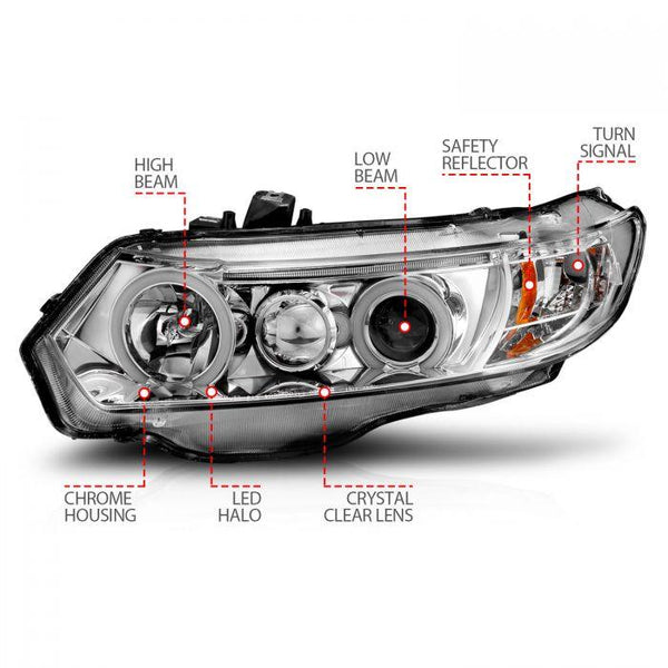 ANZO 2006 - 2011 Honda Civic 2 Door Projector Headlights w/ Halo Chrome (CCFL) - GUMOTORSPORT