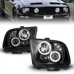 ANZO 2005 - 2009 Ford Mustang Projector Headlights w/ Halo Black - GUMOTORSPORT