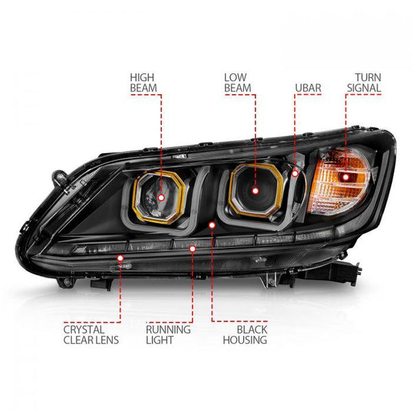 ANZO 2013-2015 Honda Accord 4 Door Projector Headlights w/ U-Bar Black - GUMOTORSPORT