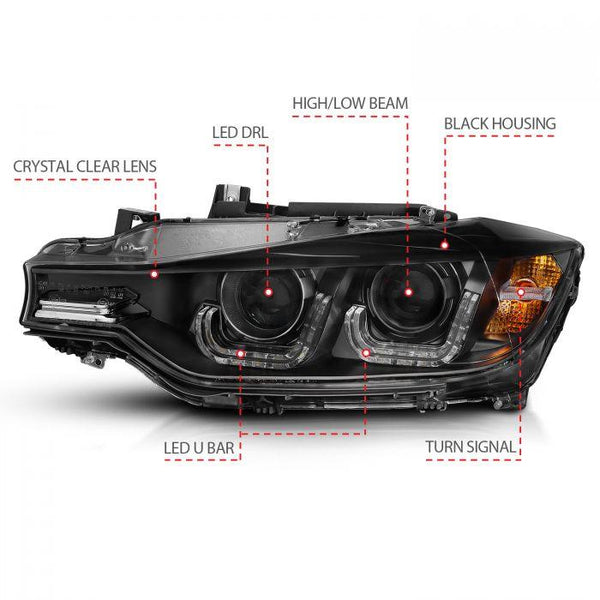 ANZO 2012 - 2015 BMW 3 Series Projector Headlights w/ U-Bar Black - GUMOTORSPORT