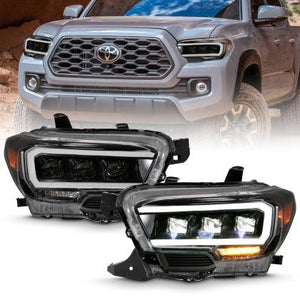 ANZO 2016 - 2022 Toyota Tacoma LED Projector Headlights Plank Style Black w/ Amber - GUMOTORSPORT