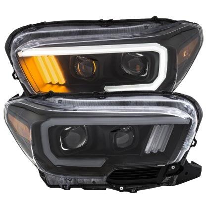 ANZO 2016 - 2022 Toyota Tacoma Projector Headlights w/ Plank Style Design Black/Amber w/ DRL - GUMOTORSPORT