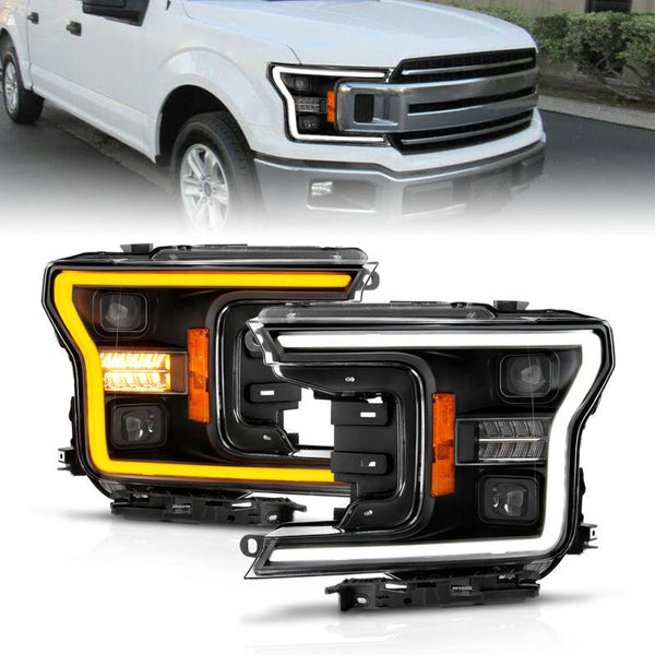 ANZO 18-20 Ford F-150 (w/o Fctry LED) Full LED Proj Headlights w/Light Bar Swtchbk Seq. Black w/Init - GUMOTORSPORT