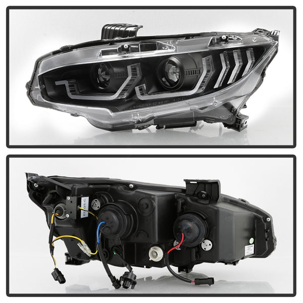 Spyder 2016 - 2020 Honda Civic 2DR/4Dr w/LED Seq Turn Sig Lights Proj Headlight - Black - PRO-YD-HC16-SEQ-BK