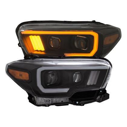 ANZO 2016 - 2022 Toyota Tacoma Projector Headlights w/ Plank Style Switchback Black w/ Amber w/ DRL - GUMOTORSPORT