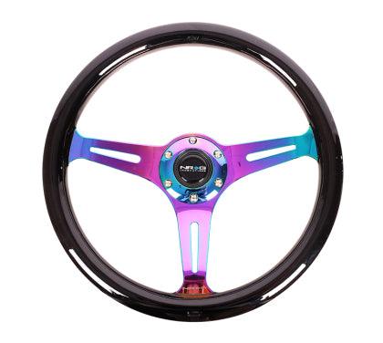 NRG ST-015MC-BK: Classic Wood Grain Wheel, 350mm, Black colored wood, 3 spoke center in Neochrome - GUMOTORSPORT